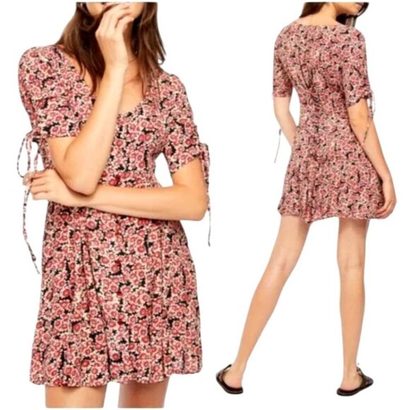 Free People Dress Women XS Red Black Floral Print Corset Lace‎ Up Mini Boho - Picture 1 of 13